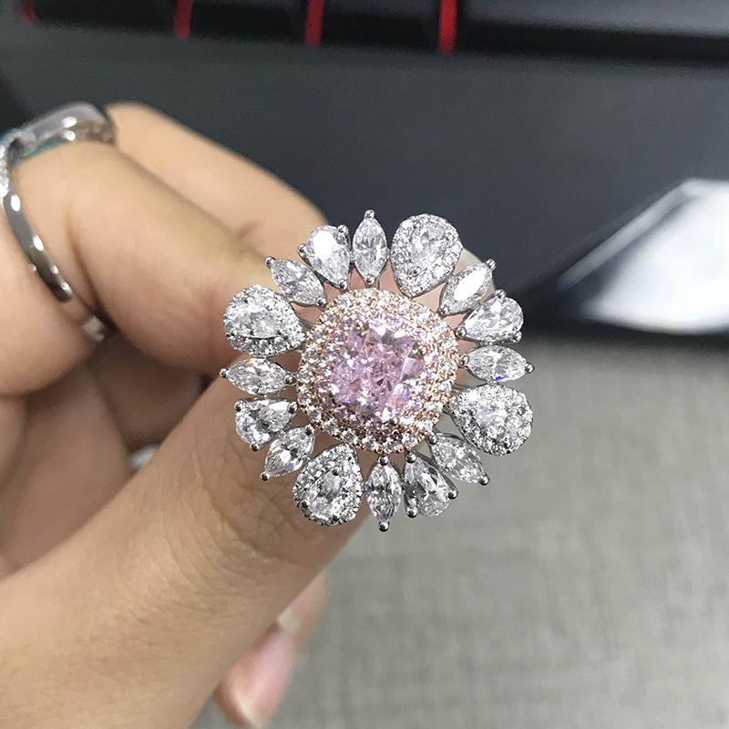 925 Sterling Silver Two-Tone 1.0ct Radiant Cut Pink Created Diamond Luxury Flower Ring