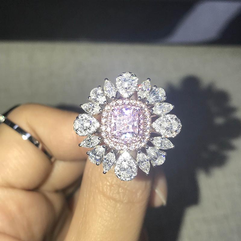 925 Sterling Silver Two-Tone 1.0ct Radiant Cut Pink Created Diamond Luxury Flower Ring