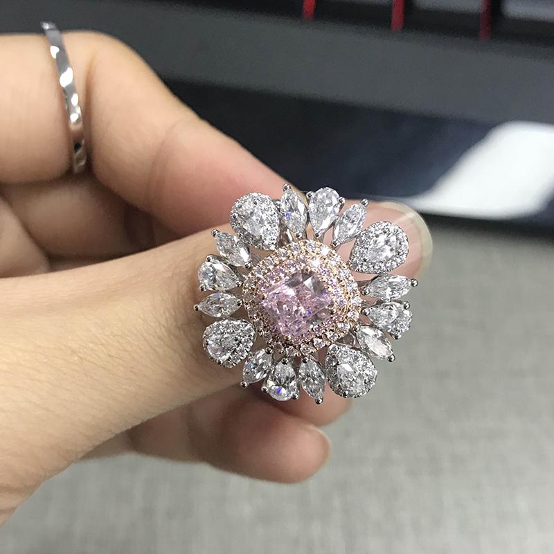 925 Sterling Silver Two-Tone 1.0ct Radiant Cut Pink Created Diamond Luxury Flower Ring