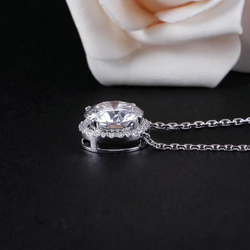 925 Sterling Silver Round Cut CZ  Diamond Halo Necklace