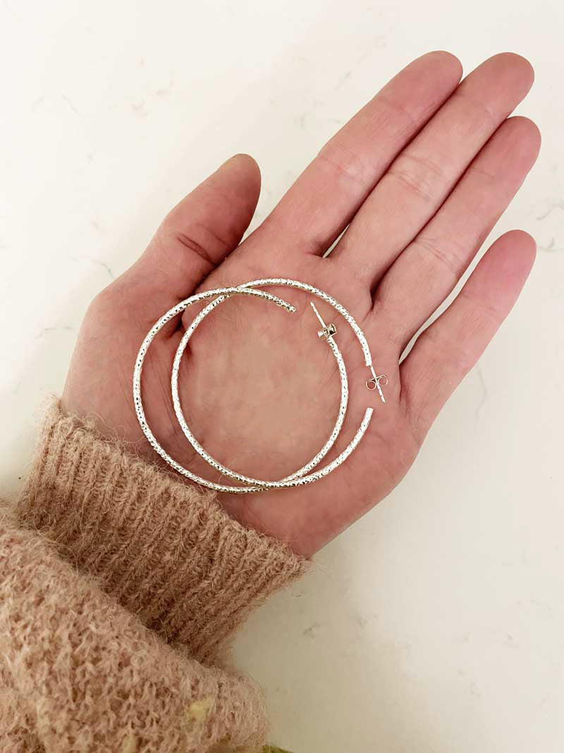 925 Sterling Silver Plain XL Hoops, Silver Hammered 6