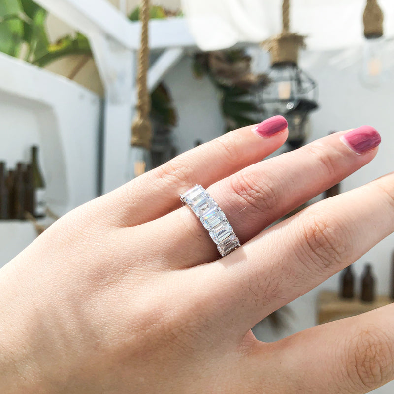 925 Sterling Silver Emerald Cut CZ Full Eternity Ring