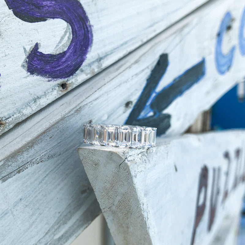 925 Sterling Silver Emerald Cut CZ Full Eternity Ring