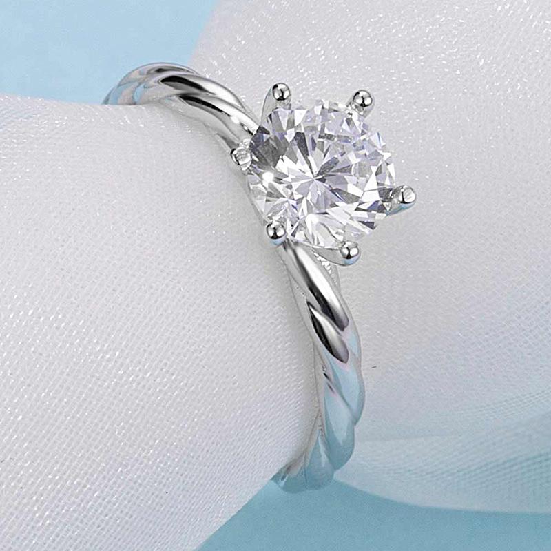 925 Sterling Silver Classic Round Cut CZ Diamond Solitaire Twisted Ring