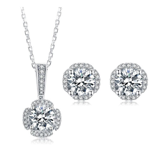 925 Sterling Silver Brilliant Round Cut CZ Diamond Stud Earrings Necklace Sets