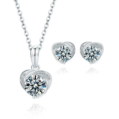 925 Sterling Silver Brilliant Round Cut CZ Diamond Heart-shaped Shank Stud Earrings Necklace Sets