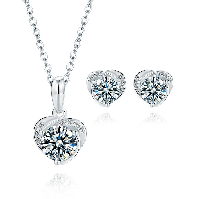 925 Sterling Silver Brilliant Round Cut CZ Diamond Heart-shaped Shank Stud Earrings Necklace Sets