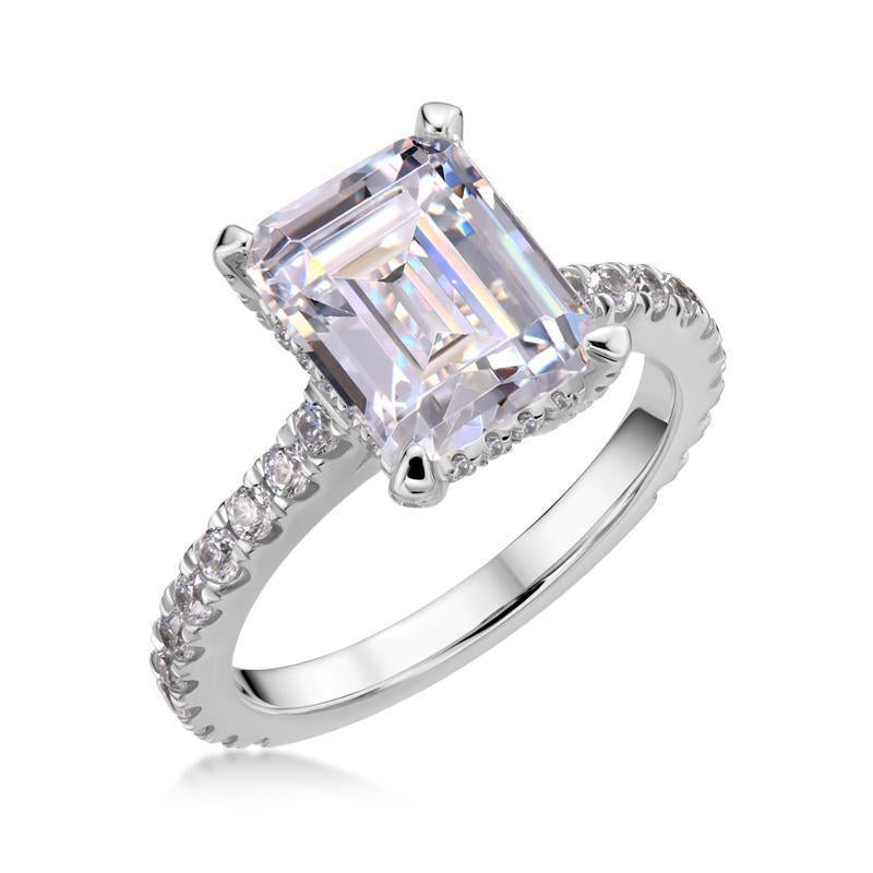 925 Sterling Silver Luxury Hidden Halo Emerald Cut CZ  Ring