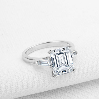 925 Sterling Silver Three Stone Emerald Cut CZ Ring