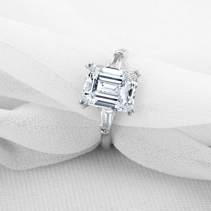 925 Sterling Silver Three Stone Emerald Cut CZ Ring