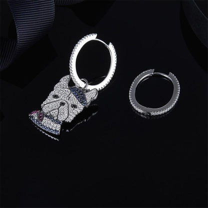 925 Sterling Silver Doggy Dog Created Diamond Asymmetric Hoop Earrings 5