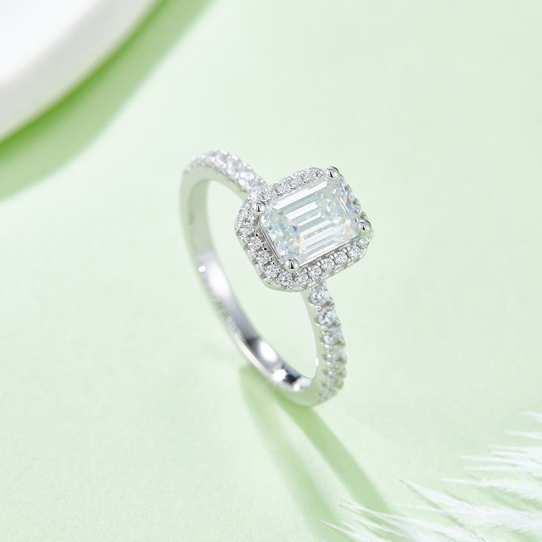 925 Sterling Silver Emerald Cut Halo and Pave Style Enagement Ring 4