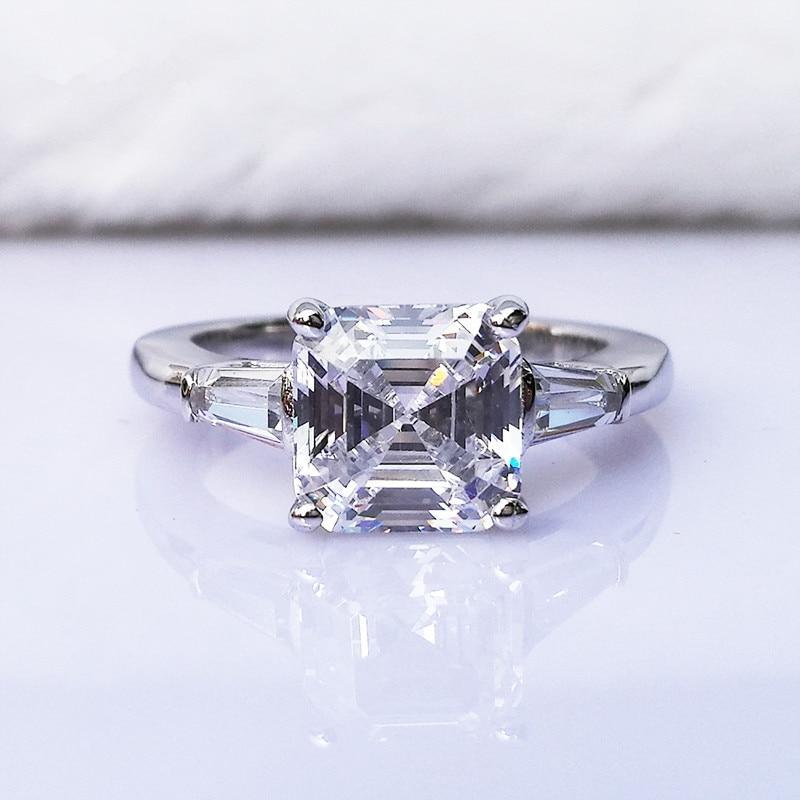 925 Sterling Silver Asscher Cut White Created Diamond Three Stone Ring