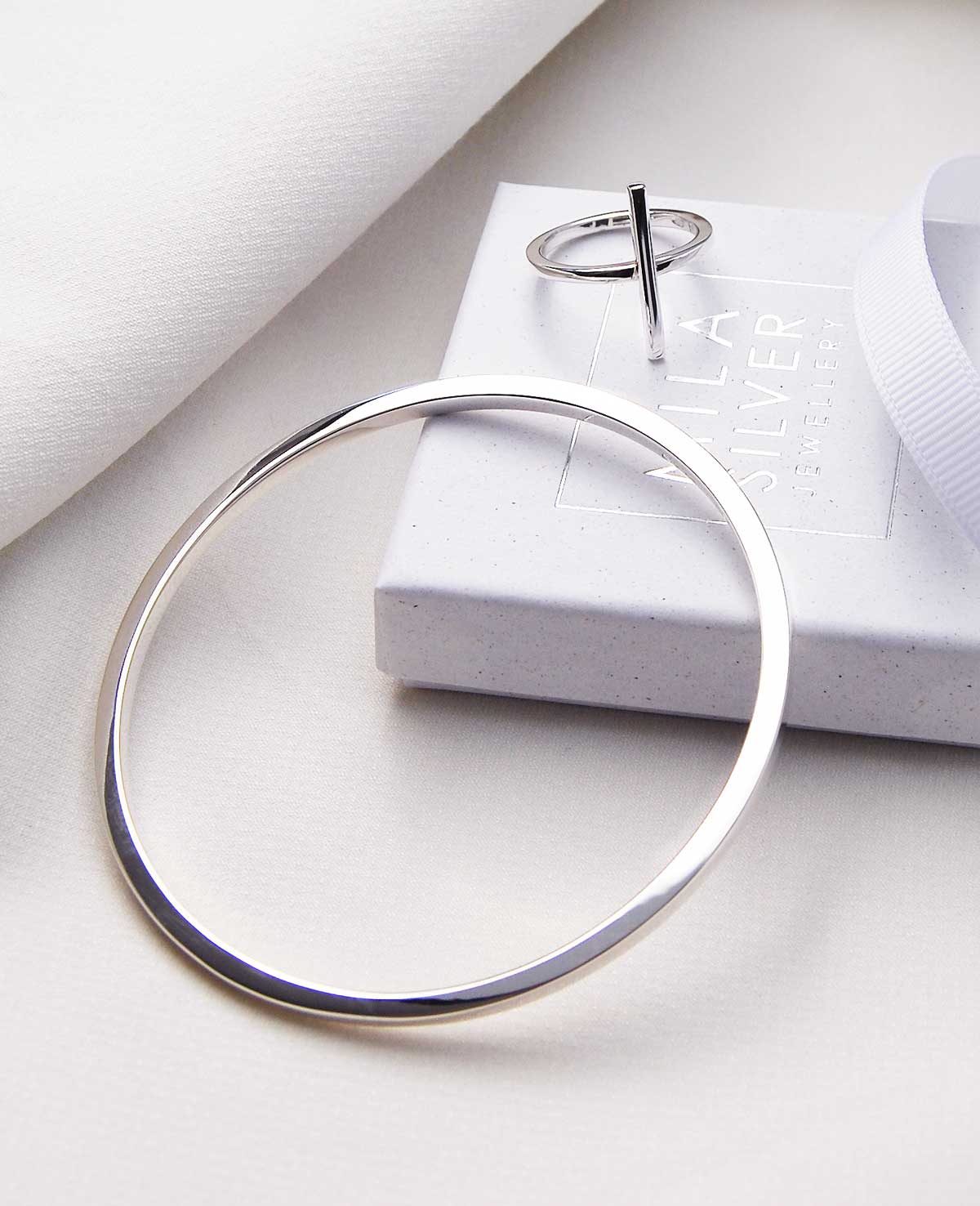 925 Sterling Silver Plain  Square Bangle, Silver 2